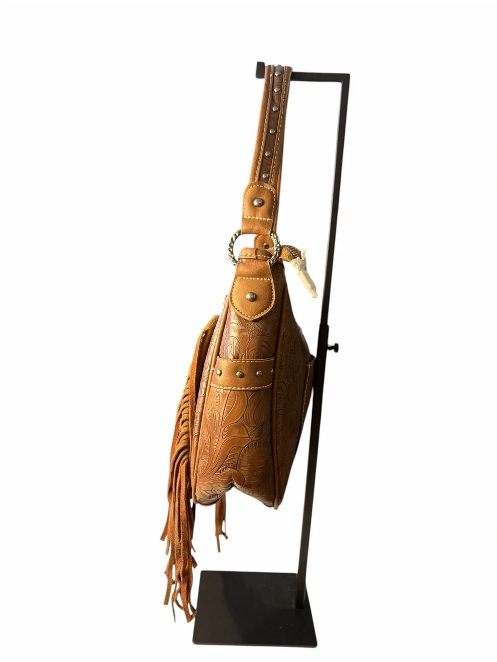 Trinity Ranch Tooled Leather Brown Purse Turquoise Stones Fringe Zippered Pocket